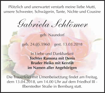 Traueranzeige von Gabriela Schlömer von Super Sonntag Bernburg