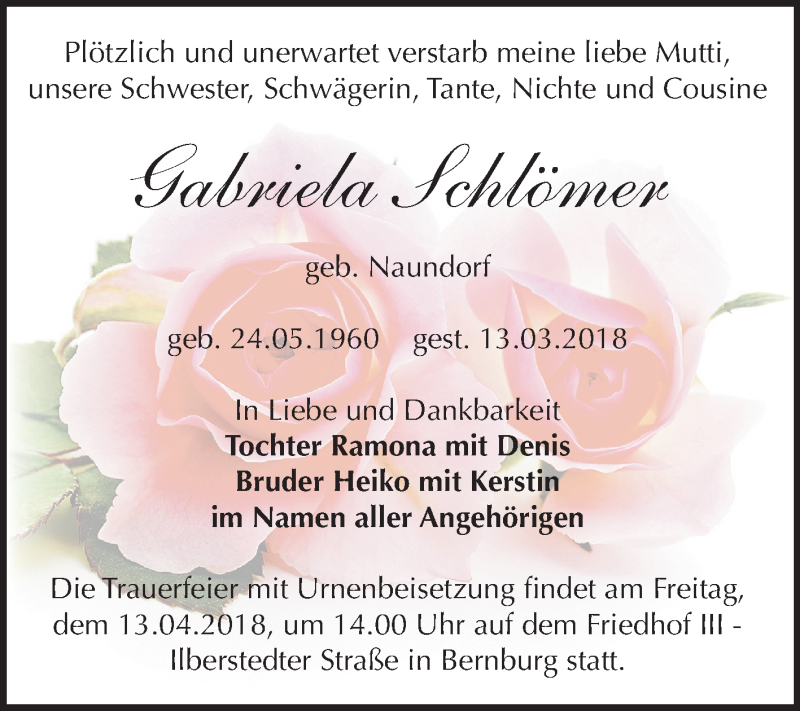 Traueranzeige für Gabriela Schlömer vom 24.03.2018 aus Mitteldeutsche Zeitung Bernburg