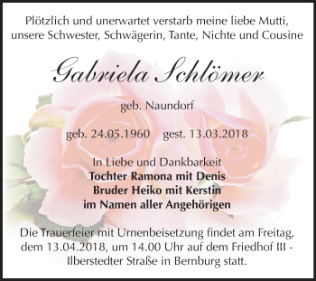 Traueranzeige von Gabriela Schlömer von Mitteldeutsche Zeitung Bernburg