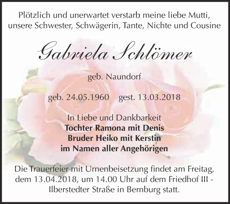  Traueranzeige für Gabriela Schlömer vom 24.03.2018 aus Super Sonntag Bernburg