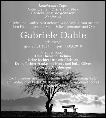 Traueranzeige von Gabriele Dahle von Mitteldeutsche Zeitung Bitterfeld