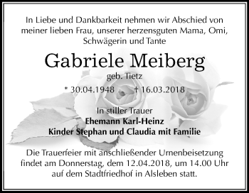 Traueranzeige von Gabriele Meiberg von Mitteldeutsche Zeitung Bernburg