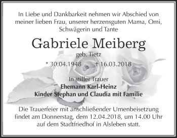 Traueranzeige von Gabriele Meiberg von Super Sonntag Bernburg