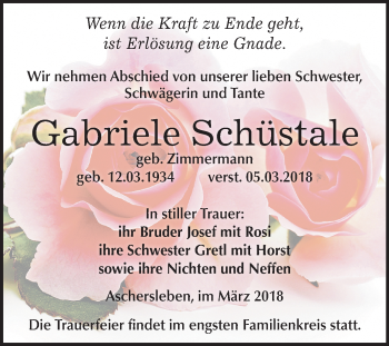 Traueranzeige von Gabriele Schüstale von Mitteldeutsche Zeitung Aschersleben