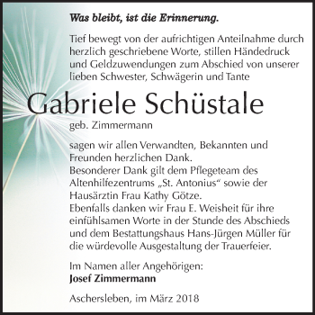 Traueranzeige von Gabriele Schüstale von Mitteldeutsche Zeitung Aschersleben