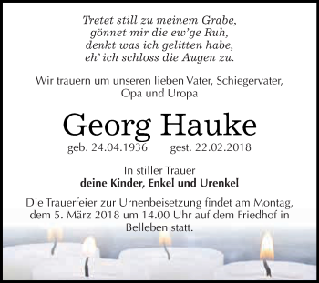 Traueranzeige von Georg Hauke von Super Sonntag Bernburg