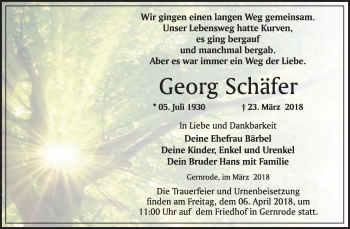 Traueranzeige von Georg Schäfer von WVG - Wochenspiegel Quedlinburg