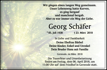 Traueranzeige von Georg Schäfer von Mitteldeutsche Zeitung Quedlinburg