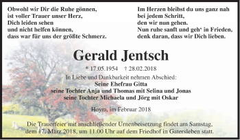 Traueranzeige von Gerald Jentsch von Super Sonntag Aschersleben