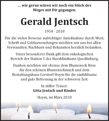 Traueranzeige von Gerald Jentsch von Mitteldeutsche Zeitung Aschersleben
