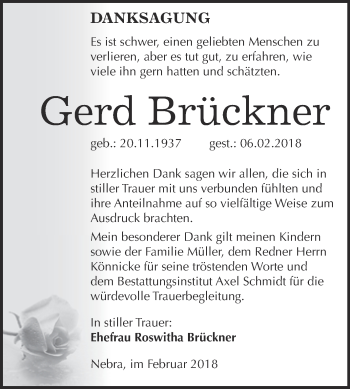 Traueranzeige von Gerd Brückner von WVG - Wochenspiegel NMB / WSF / ZTZ