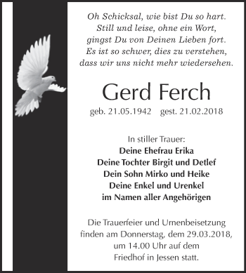 Traueranzeige von Gerd Ferch von WVG - Wochenspiegel Wittenberg