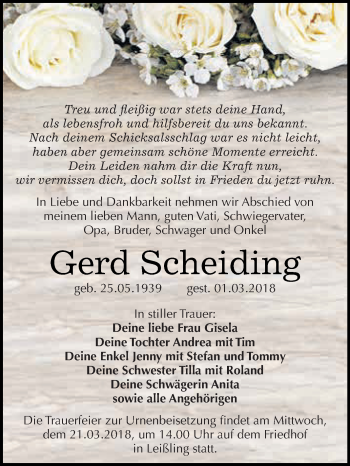 Traueranzeige von Gerd Scheiding von WVG - Wochenspiegel NMB / WSF / ZTZ