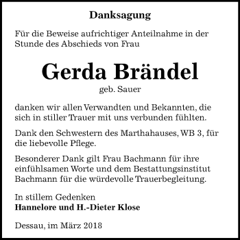 Traueranzeige von Gerda Brändel von Mitteldeutsche Zeitung Dessau-Roßlau