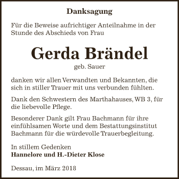 Traueranzeige von Gerda Brändel von WVG - Wochenspiegel Dessau / Köthen