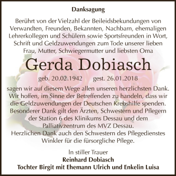 Traueranzeige von Gerda Dobiasch von WVG - Wochenspiegel Dessau / Köthen
