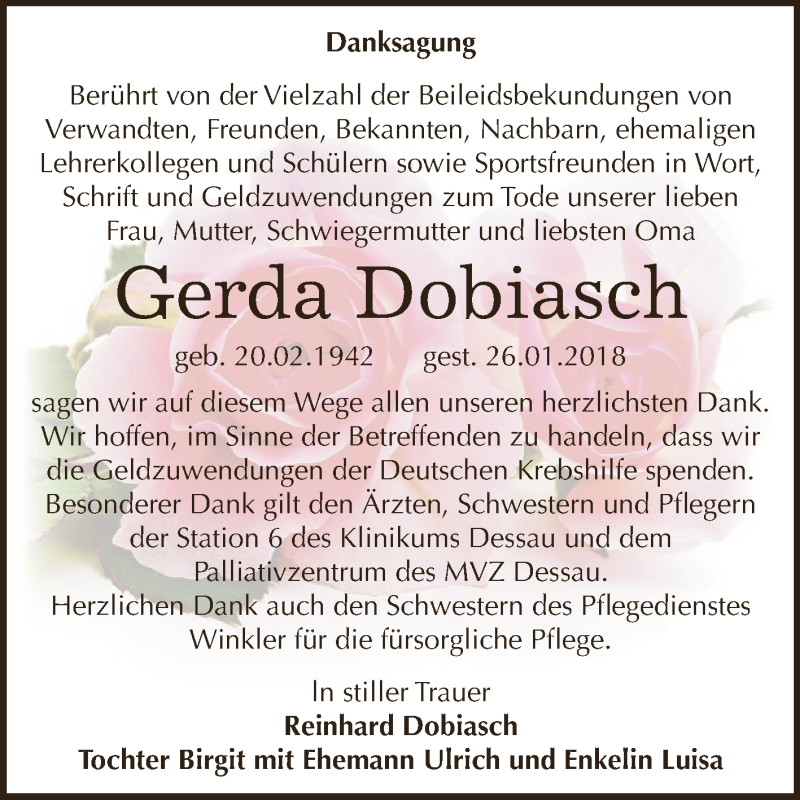  Traueranzeige für Gerda Dobiasch vom 03.03.2018 aus WVG - Wochenspiegel Dessau / Köthen