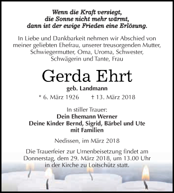 Traueranzeige von Gerda Ehrt von Super Sonntag Zeitz