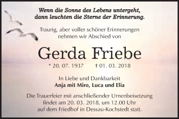 Traueranzeige von Gerda Friebe von WVG - Wochenspiegel Wittenberg