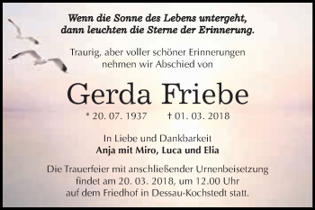 Traueranzeige von Gerda Friebe von WVG - Wochenspiegel Dessau / Köthen