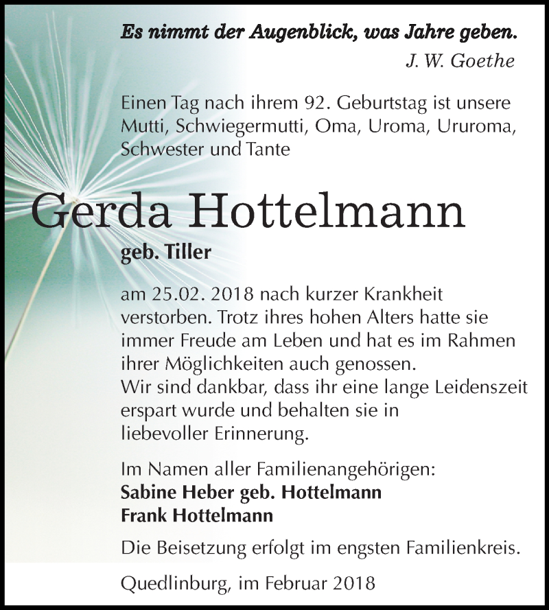  Traueranzeige für Gerda Hottelmann vom 03.03.2018 aus Mitteldeutsche Zeitung Quedlinburg