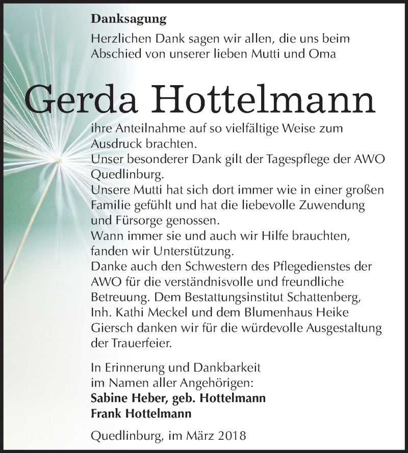  Traueranzeige für Gerda Hottelmann vom 31.03.2018 aus Mitteldeutsche Zeitung Quedlinburg