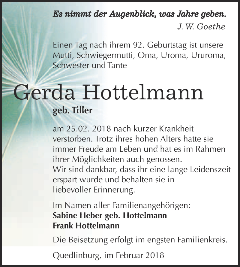  Traueranzeige für Gerda Hottelmann vom 03.03.2018 aus Super Sonntag Quedlinburg