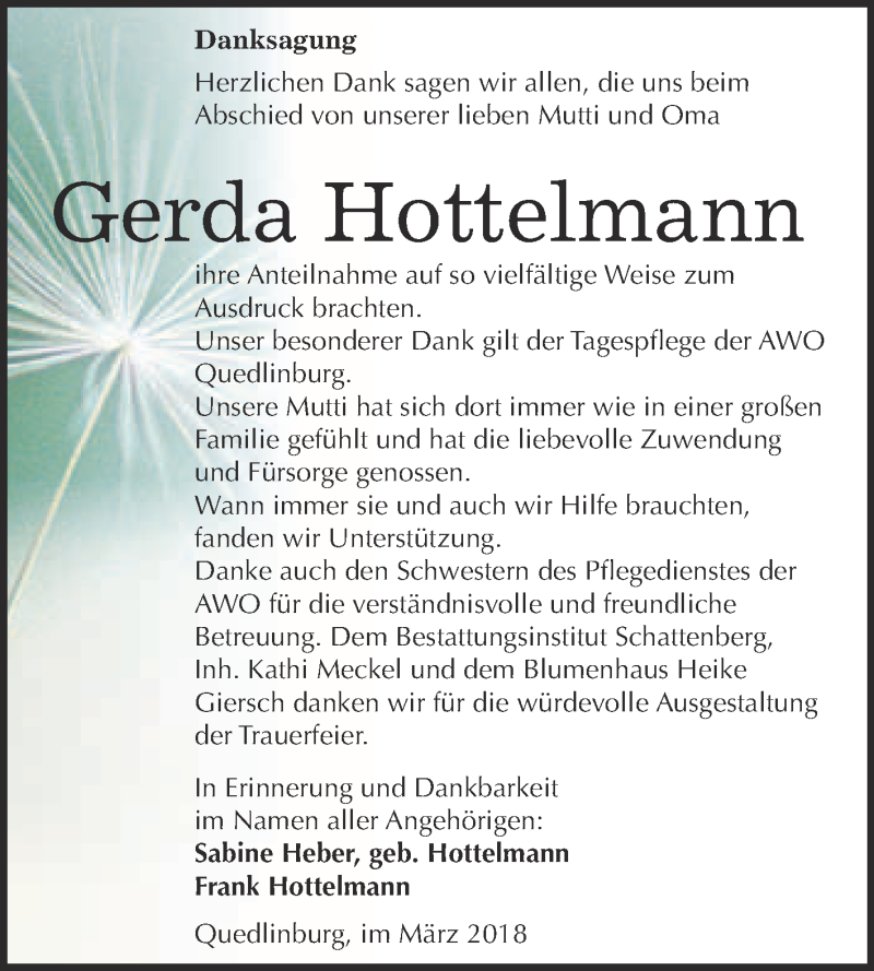  Traueranzeige für Gerda Hottelmann vom 31.03.2018 aus Super Sonntag Quedlinburg
