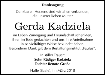Traueranzeige von Gerda Kadziela von Mitteldeutsche Zeitung Halle/Saalkreis