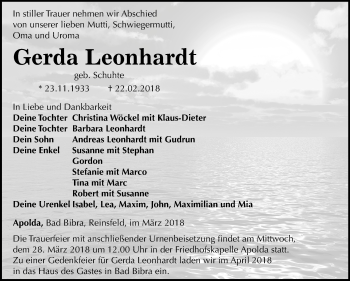Traueranzeige von Gerda Leonhardt von Mitteldeutsche Zeitung