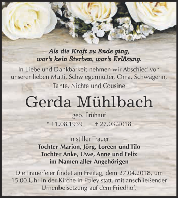 Traueranzeige von Gerda Mühlbach von Super Sonntag Bernburg