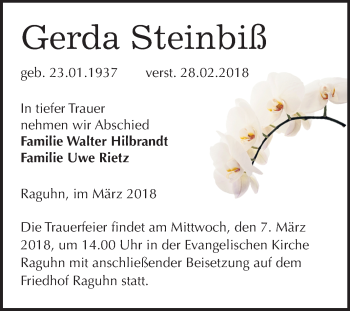 Traueranzeige von Gerda Steinbiß von Mitteldeutsche Zeitung Bitterfeld