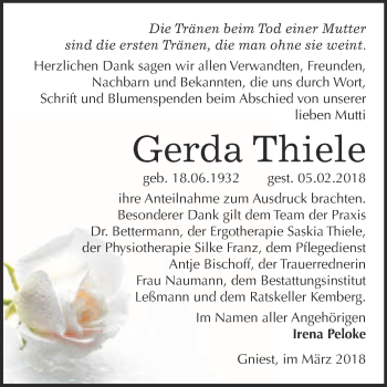 Traueranzeige von Gerda Thiele von WVG - Wochenspiegel Wittenberg