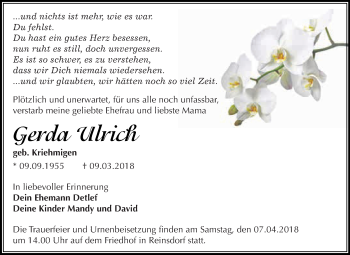 Traueranzeige von Gerda Ulrich von WVG - Wochenspiegel Dessau / Köthen