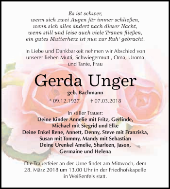 Traueranzeige von Gerda Unger von WVG - Wochenspiegel NMB / WSF / ZTZ