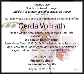 Traueranzeige von Gerda Vollrath von Mitteldeutsche Zeitung Zeitz