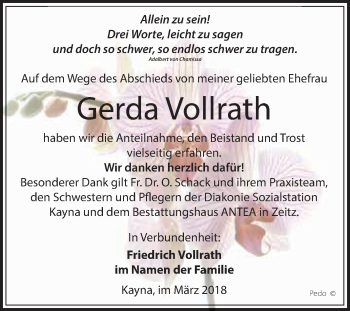 Traueranzeige von Gerda Vollrath von Super Sonntag Zeitz