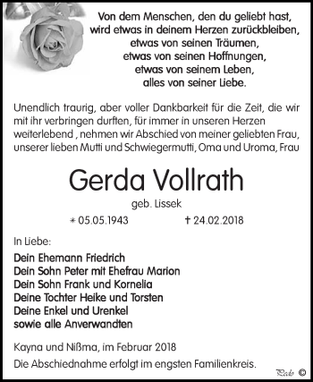 Traueranzeige von Gerda Vollrath von Super Sonntag Zeitz