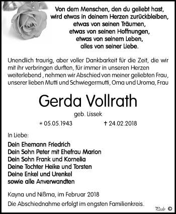 Traueranzeige von Gerda Vollrath von Mitteldeutsche Zeitung Zeitz