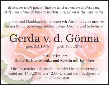 Traueranzeige von Gerda v. d. Gönna von Mitteldeutsche Zeitung Halle/Saalkreis
