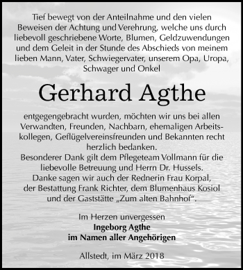 Traueranzeige von Gerhard Agthe von Mitteldeutsche Zeitung Sangerhausen
