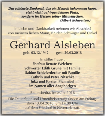 Traueranzeige von Gerhard Alsleben von WVG - Wochenspiegel Merseburg