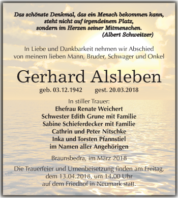 Traueranzeige von Gerhard Alsleben von Mitteldeutsche Zeitung Merseburg/Querfurt