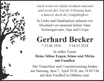 Traueranzeige von Gerhard Becker von WVG - Wochenspiegel Wittenberg