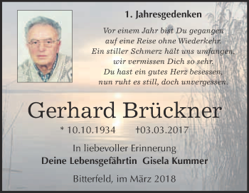 Traueranzeige von Gerhard Brückner von WVG - Wochenspiegel Bitterfeld