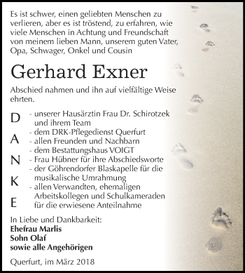 Traueranzeige von Gerhard Exner von Mitteldeutsche Zeitung Merseburg/Querfurt