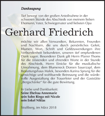 Traueranzeige von Gerhard Friedrich von Mitteldeutsche Zeitung Quedlinburg