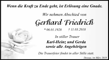 Traueranzeige von Gerhard Friedrich von WVG - Wochenspiegel Dessau / Köthen