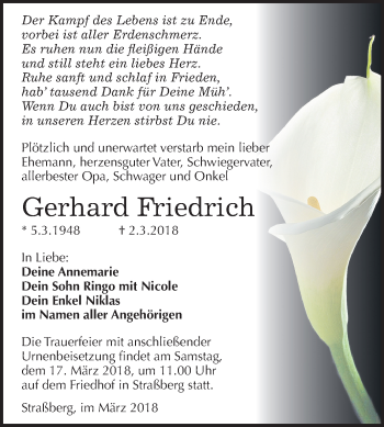 Traueranzeige von Gerhard Friedrich von Mitteldeutsche Zeitung