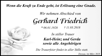 Traueranzeige von Gerhard Friedrich von Mitteldeutsche Zeitung Dessau-Roßlau